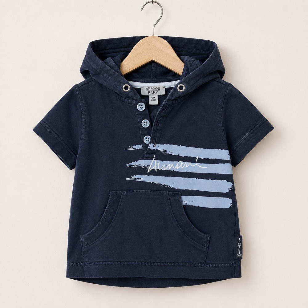 Armani Baby Luxury Streetwear Henley Hoodie Navy Blue 6M Designer Aesthetic